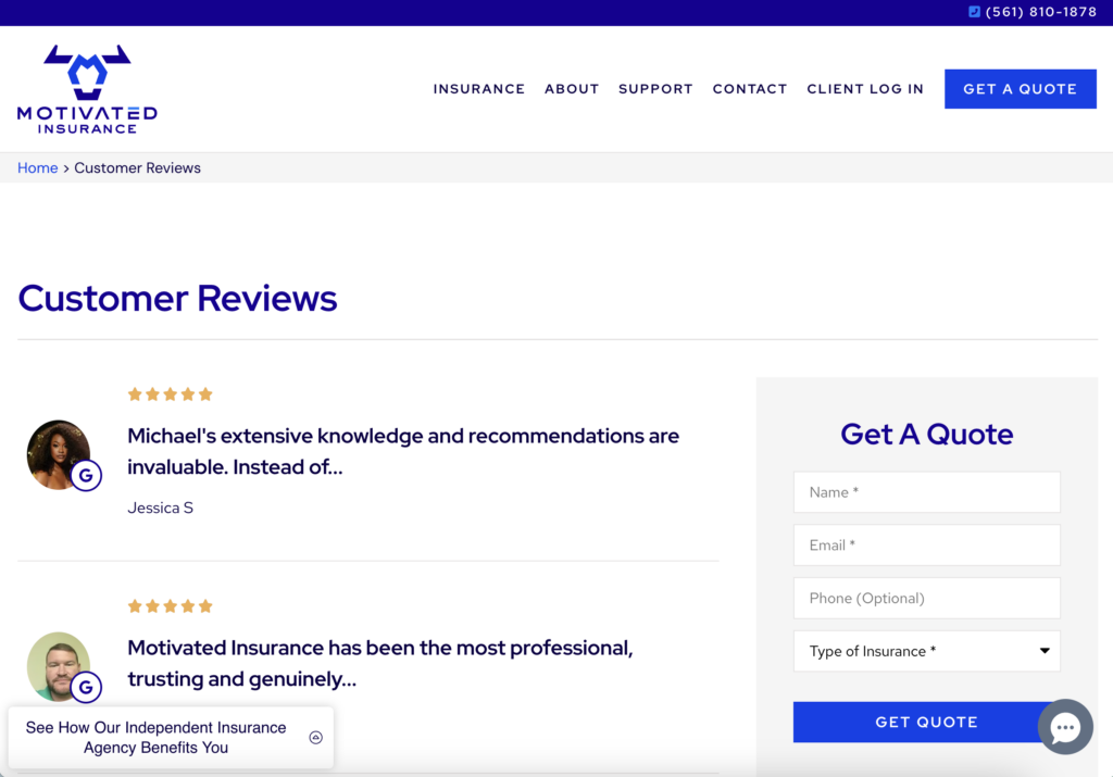 List of multiple customer reviews found on an insurance agency's website.
